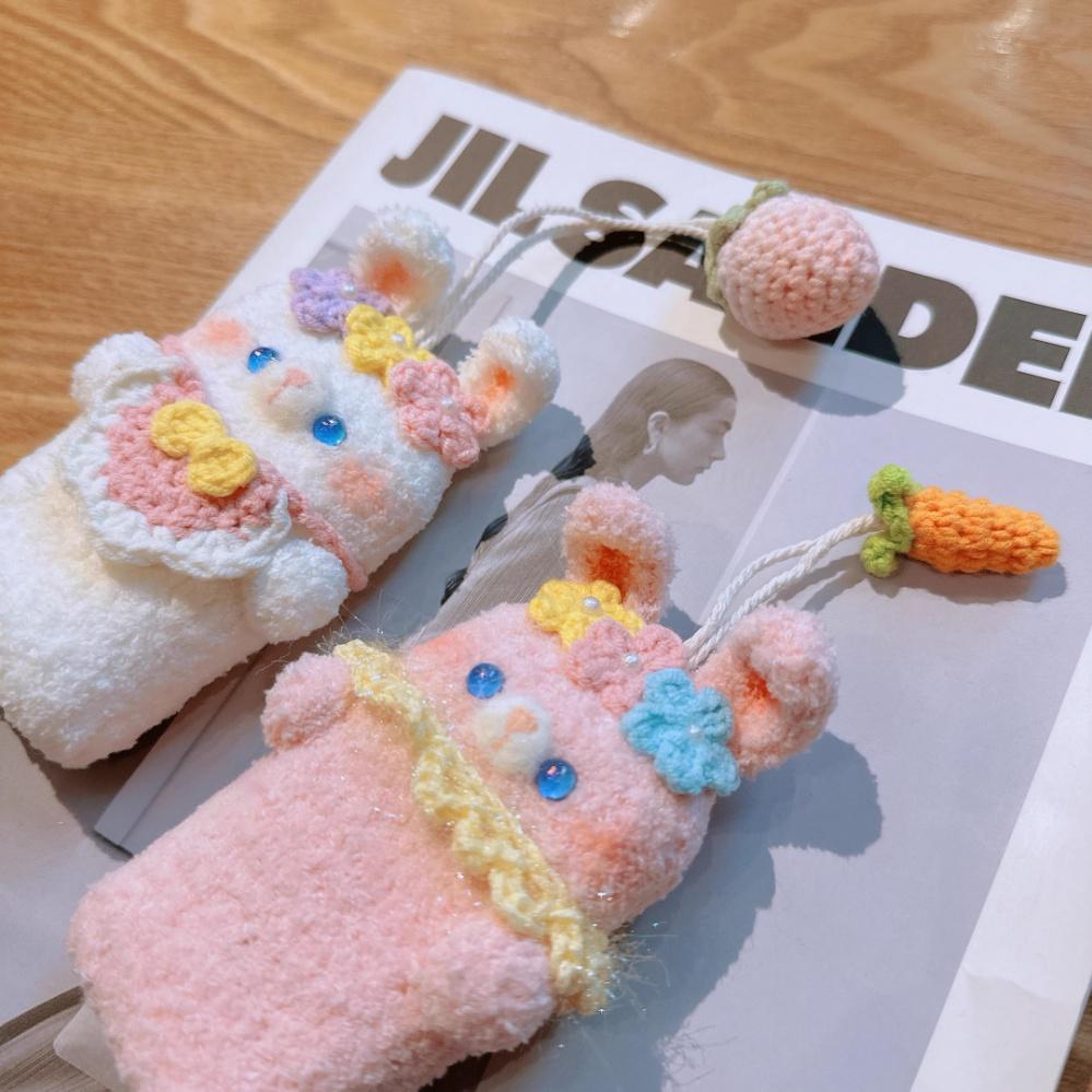 Handmade Knitted Rabbit Car Key Protector - Soft Plush Key Pouch